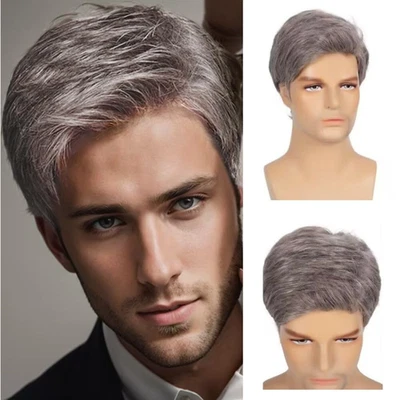 Pelucas de cabello Swiking para hombre cortas grises rectas naturales sintéticas cosplay pelucas para hombre Foto 1 de 4