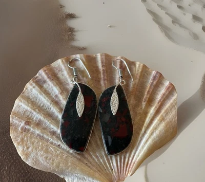 African Bloodstone Handcrafted Gemstone Earrings-silver Plated-New — 第 1/3 张图片