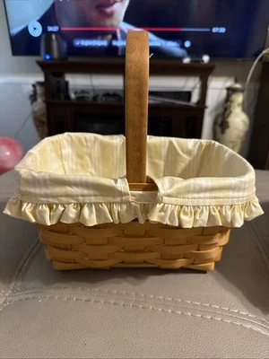Vintage 1997 Longaberger Spring Basket With Stationary Handle And Fabric Liner - Image 1 of 4