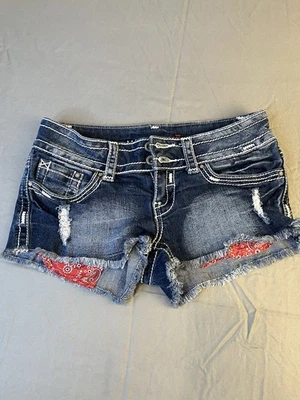 Pantalones Cortos Mini Jean Casi Famosos Para Mujer 1 Azul Corte Envejecido Bandana Bolsillos Foto 1 de 4