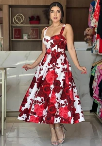 Red White Rose Printed Sleeveless A-Line Long evening Dress Size 10/12 RRP £30 - Picture 1 of 6