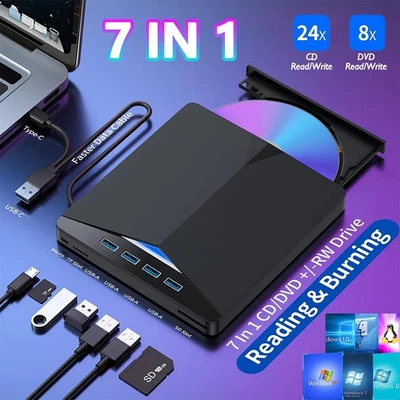7 in 1 External CD/DVD Drive Burner For Desktop Laptop Mac PC Windows Linux AU - image 1 of 4