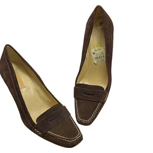 MICHAEL KORS Italian Chocolate Suede Penny Loafer Pump Heels Womens Size 9 - Picture 1 of 11