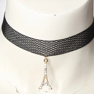 Gothic Choker Kropfband Barock mit Stickerein Straß Eiffelturm Design Anhänger - Bild 1 von 3