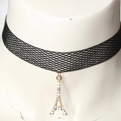 Gothic Choker Kropfband Barock mit Stickerein Straß Eiffelturm Design Anhänger - Bild 1 von 3