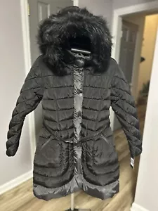 NWT Guess Womens Black Faux Fur Trim Belted Puffer Winter Coat Size XL - Picture 1 of 18