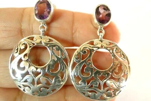 Purple Amethyst Ornate Disc 925 Sterling Silver Dangle Post Earrings - Picture 1 of 3