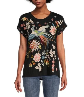 Johnny Was Ceretti Relaxed Tee Special Flower Black Floral Bird Cotton Shirt NEW - Image 1 of 4
