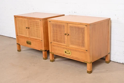 Baker Furniture Mid-Century Campaign Walnut, Cane, and Brass Nightstands, 1960s Cover