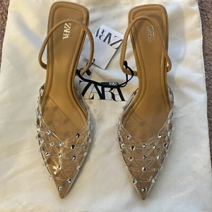 ZARA NEW WOMAN SLINGBACK RHINESTONE HIGH-HEEL SHOES BEIGE 8 (39EU) - Picture 1 of 3