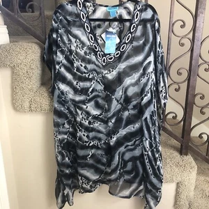 NWT BLK/GRAY Tunic Top Swimsuit Cover Up O/S Semi Sheer Embellish - Picture 1 of 5