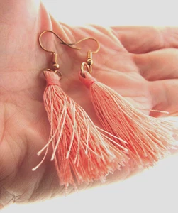Salmon Pink Silk Tassel Dangle Earrings 2.5 inch - Picture 1 of 3