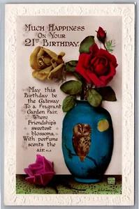 Much Happiness On Your 21st Birthday Embossed Edge Rajar Bromide RPPC Postcard - Bild 1 von 2
