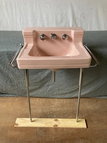 Vtg Deco Coral Pink Porcelain Wall Sink Chrome legs Towel Bars Standard 394-22E Cover