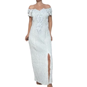 Vintage 90s Flirtation White Maxi Evening Dress Slit Off Shoulder Size Large - Picture 1 of 11