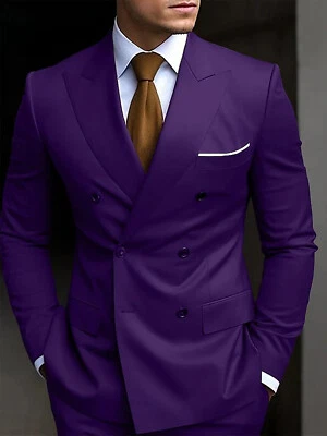 Men's Solid Business Wedding Suits 2 Piece Slim Fit Double Breasted Jacket Pant — 第 1/4 张图片