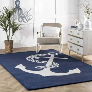 Nautical Anchor Navy Blue Area Rug Hand-Tufted Wool Soft Carpet for Home Décor - Picture 1 of 7