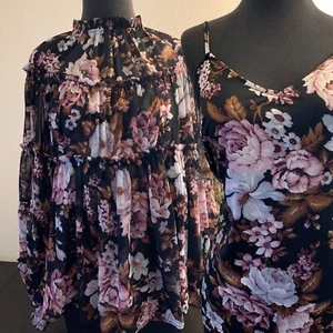 O.P.T Blouse & Camisole Set - 2 Pc - Small Woman’s Black With Floral NEW - Picture 1 of 21
