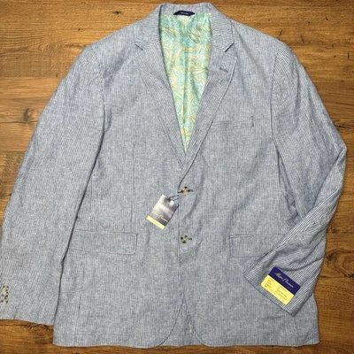 NUEVO Chaqueta Blazer Alan River XL Azul Blanco Rayas Mezcla de Lino Preppy Paisley Foto 1 de 4