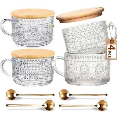 4 Pcs Vintage Coffee Mugs - 14oz Clear Glass Tea Cups with Lids and Spoons - ... - Image 1 of 4