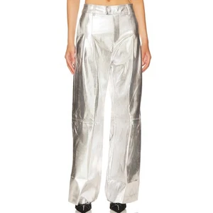 Line & Dot Silver Wide Leg Pants XS Faux Leather High Waisted Trouser $150 NEW - Picture 1 of 10
