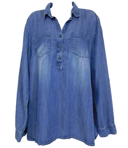 Indigo Chambray 1/4 Button Tunic Plus 1X Roll Up Sleeve Lyocell Shirt Top - Picture 1 of 9