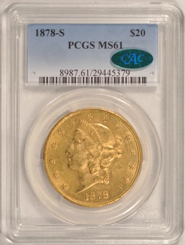 1878-S $20 Gold Double Eagle Coin PCGS MS61 CAC Approved Pre-1933 Gold Cover