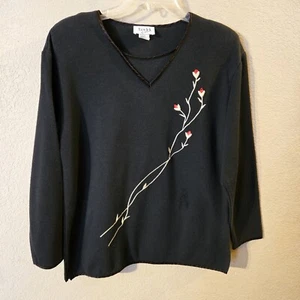 Teddi Womens Vintage Black Long Sleeve Top Red Roses Silver Embroidery Small - Picture 1 of 6