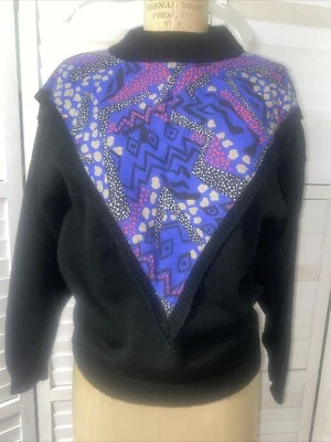 Vintage 80s 90s In Phase Black Knit Sweater Funky Fabric Inset Sz Small USA Made - Image 1 of 4