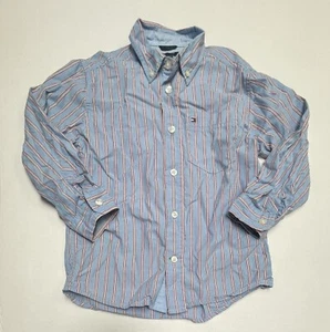 Tommy Hilfiger Shirt Boys 5 Button Down Light Blue Striped Red Long Sleeve - Picture 1 of 6