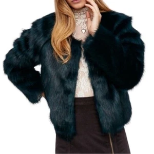 Free People Indie Rockstar Girlfriend Dark Green Black Boho Faux Fur Jacket - Picture 1 of 9