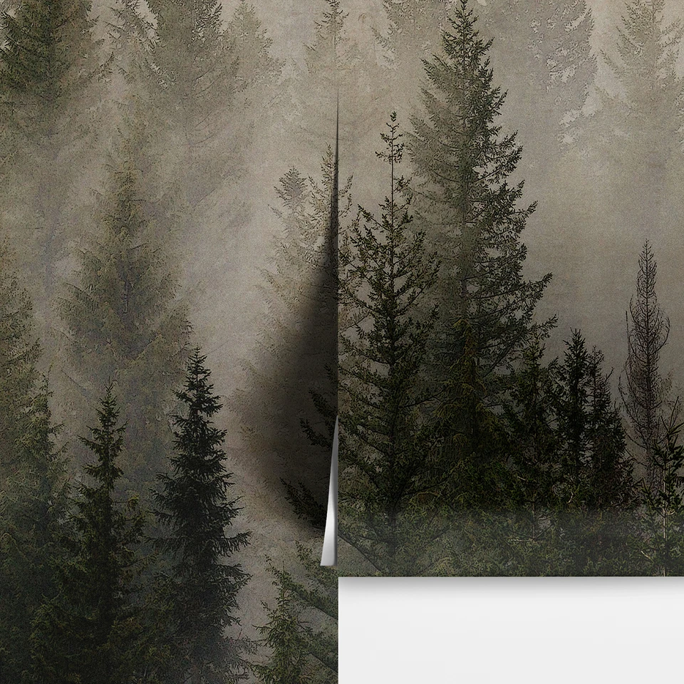 Misty Pine Tree Forest Landscape Wallpaper. Peel and Stick Wall Mural. #6237 - Image 1 of 4