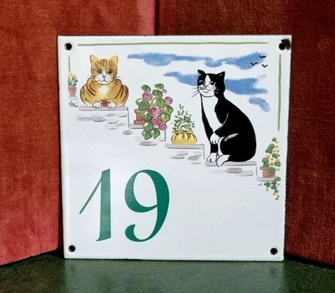 Vintage french enamel house number 19 sign Cat Plaque for door wall street gate Cover