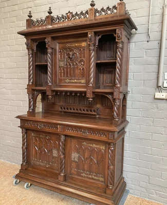 ARRIVES MAR 2026: French Antique Walnut Wood Gothic Sideboard Buffet Cabinet - Image 1 of 4