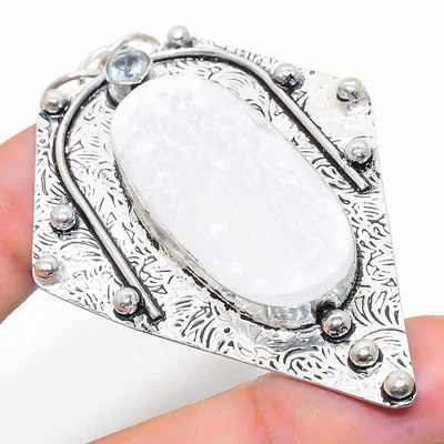 Selenite, pietra preziosa topazio bianco 925 ciondolo gioiello in argento ste... - Immagine 1 di 4