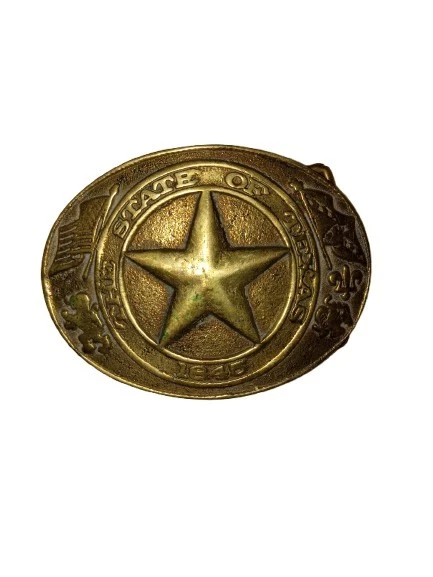 VTG State of Texas Large Gold Belt Buckle Unisex Leather Hook 'em Horns Rangers - Image 1 of 1