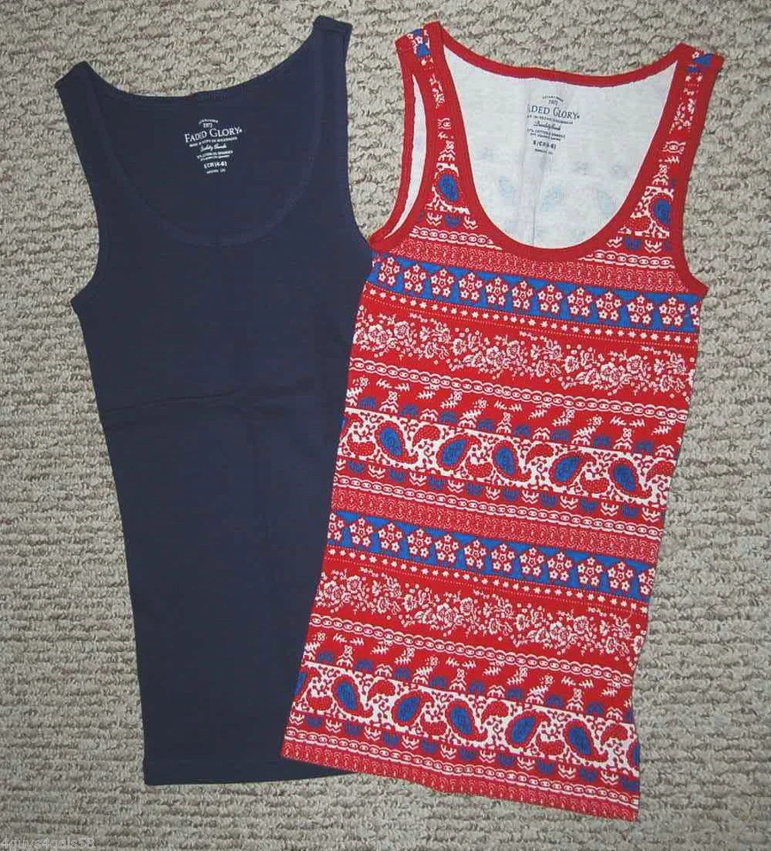 Lote de 2 camisetas sin mangas MUJERES cuello redondo acanaladas XS 0-2 ROJO azul cachemira floral y azul marino Foto 1 de 1