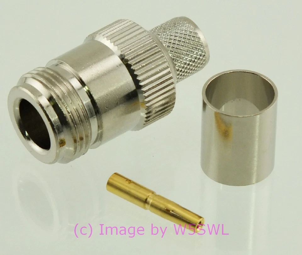 N Female Coax Connector Crimp Teflon Gold LMR-400 9913 by W5SWL  - Image 1 of 1