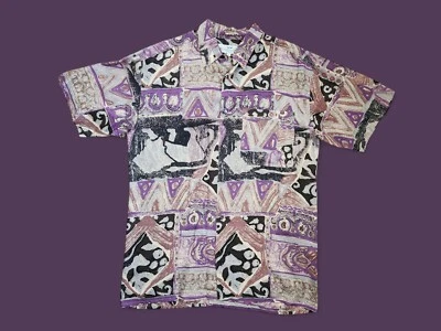 Camisa Feldini Vintage Años 80, Edición Natural Para Hombre Talla M, Estampado Tribal 100% Seda Foto 1 de 4