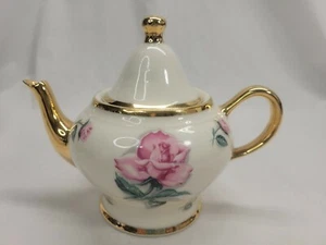 Vintage Kingwood China Teapot USA White And Gold With Pink Roses 5 X 7 - Picture 1 of 5