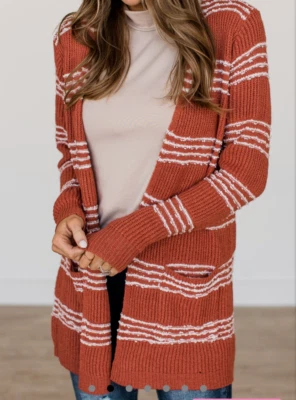 Women's Long Sleeve Rust Textured Stripe Print Open Front Cardigan S Foto 1 de 4