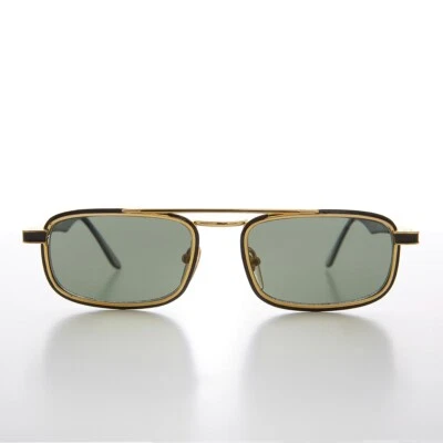 Gold Rectangular 80s Aviator Sunglass Black / Green Lens - Beau - Image 1 of 3