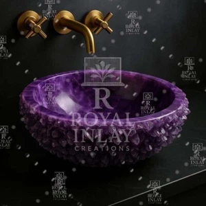 15" Handgefertigtes Amethyst Kristall Stein Waschbecken - Luxus Strukturiert Rund Waschbecken - Bild 1 von 8