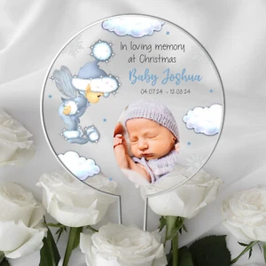 In Loving Memory at Christmas Personalised Photo Angel Baby Boy Memorial Marker - Picture 1 of 18