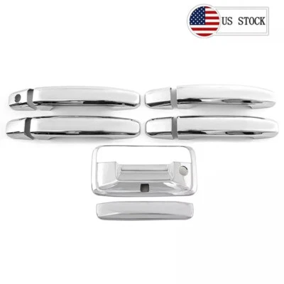 Combo de manija cromada de 4 puertas + cubierta de manija de puerta trasera para Chevy Silverado 14-19 Foto 1 de 4