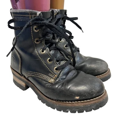 y2k Skechers logger boots US womens 7.5 black leather lace up chunky block heel - Image 1 of 4