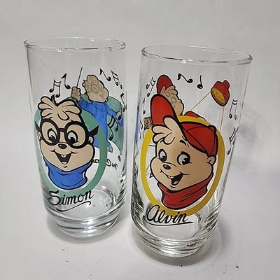 Набор из 2 винтажных стаканов для напитков 1985 Alvin and Simon the Chipmunks чистые - Изображение 1 из 4