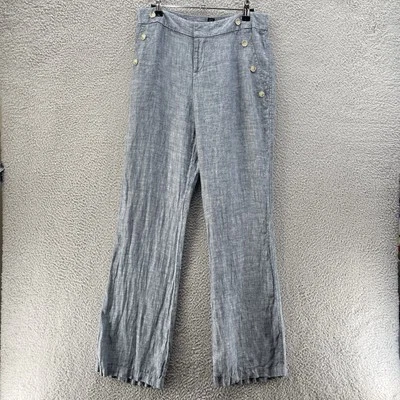 INC 100% Linen Pants Women 8 Blue Side Buttons Wide Leg Detail Preppy Beach - Image 1 of 4