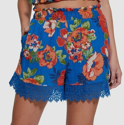 Pantalones Cortos Guess Azul Estampado Floral Cintura Elástica Talla XL Foto 1 de 4
