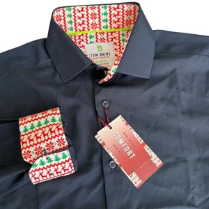 Tom Baine NWT Mens Slim Fit Holiday Performance Shirt Size M Flip Cuff Christmas - Picture 1 of 11